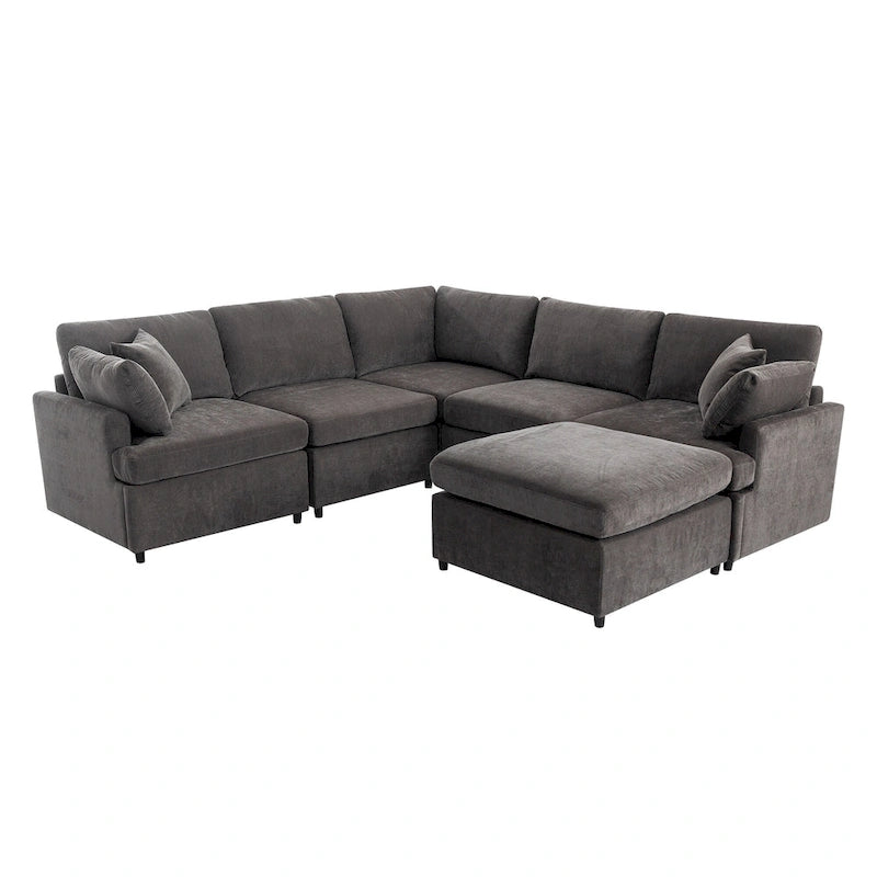Canapé d'angle en U 6 places avec poufs et oreillers amovibles, configuration flexible
