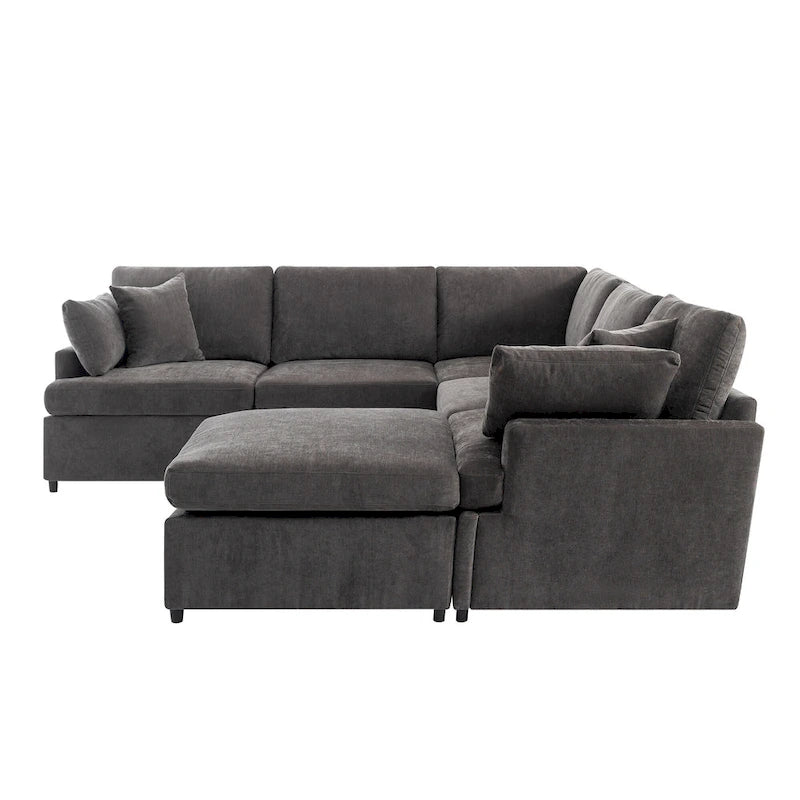 Canapé d'angle en U 6 places avec poufs et oreillers amovibles, configuration flexible