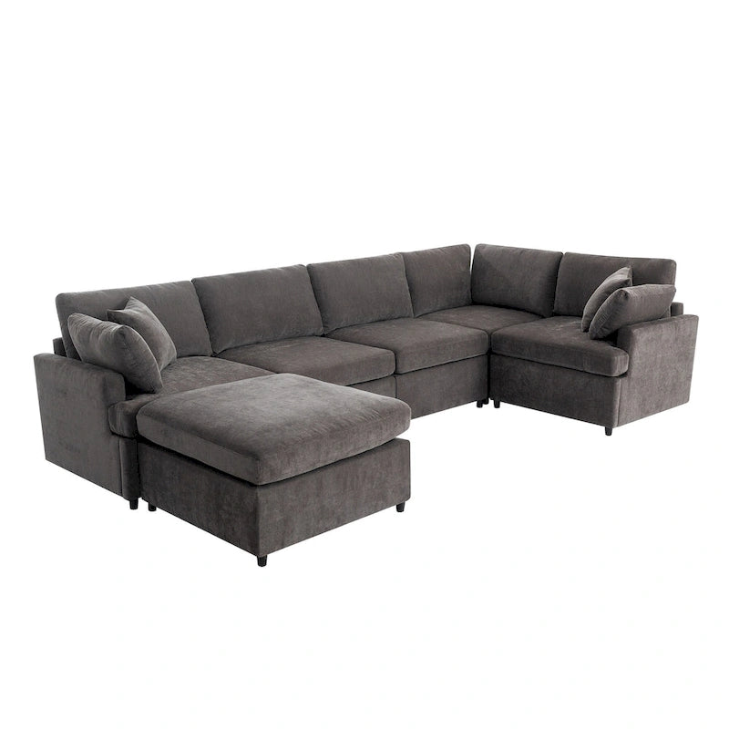 Canapé d'angle en U 6 places avec poufs et oreillers amovibles, configuration flexible