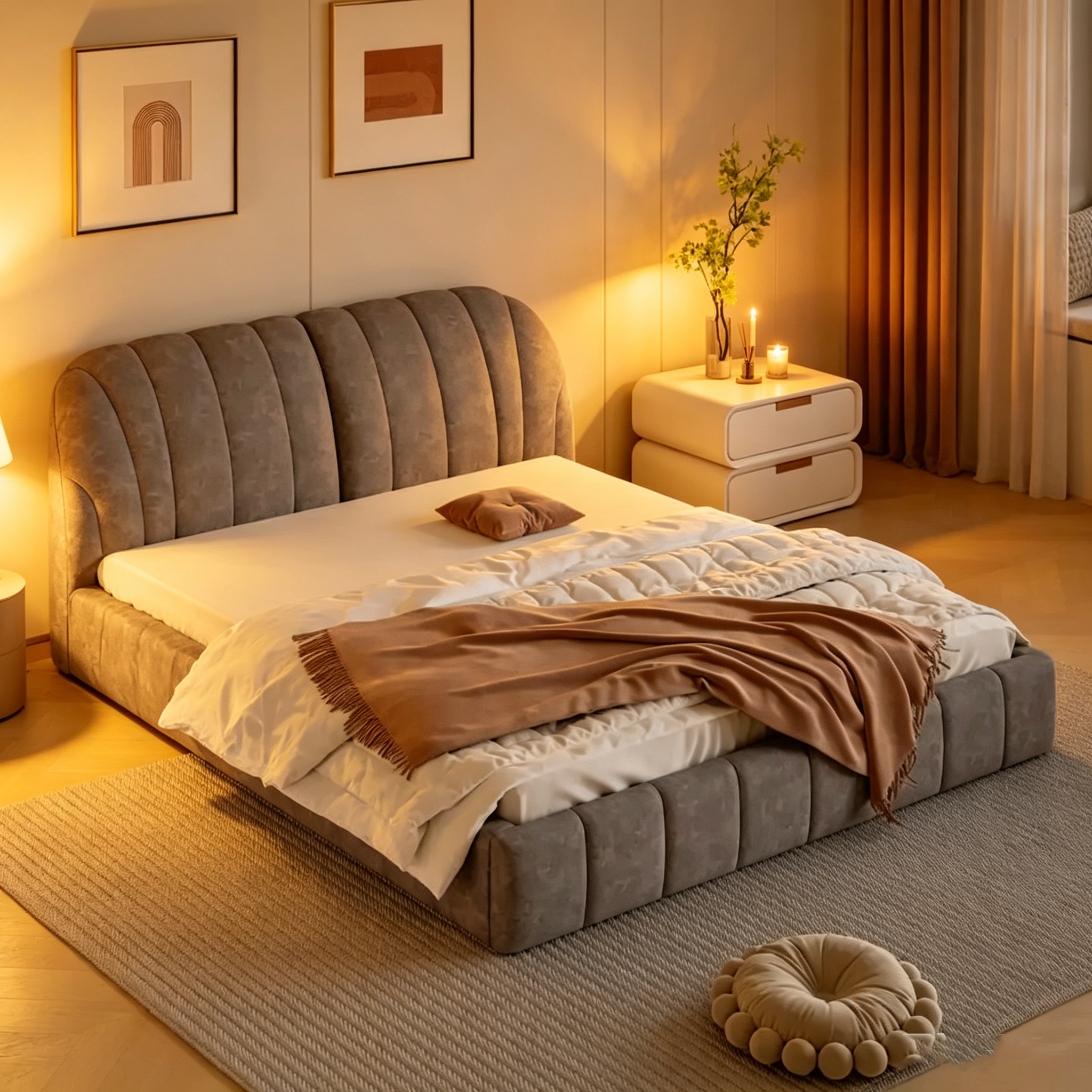 Lit double rembourré de taille Queen moderne avec tissu épais