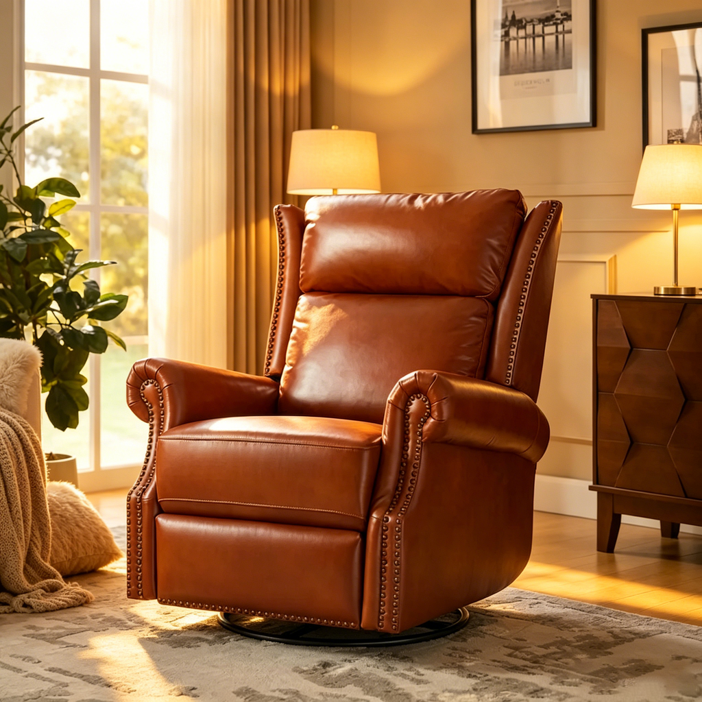 Fauteuil inclinable pivotant et coulissant en cuir véritable
