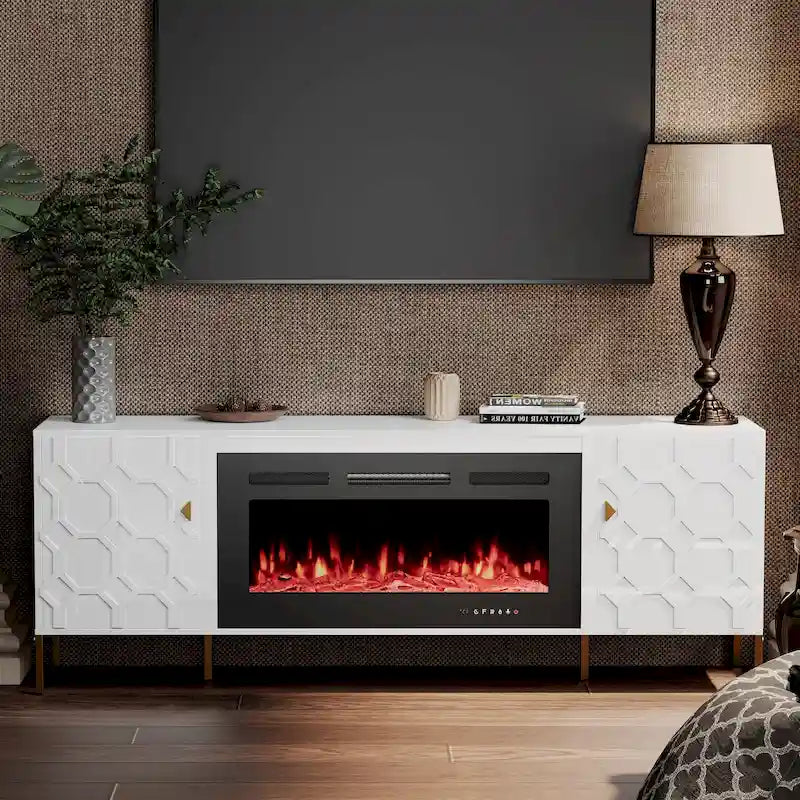 Meuble TV laqué avec cheminée électrique de 36 pouces