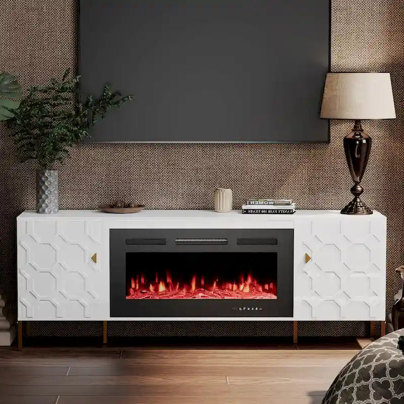 Meuble TV laqué avec cheminée électrique de 36 pouces