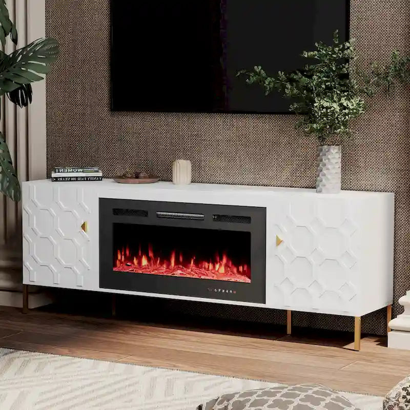 Meuble TV laqué avec cheminée électrique de 36 pouces