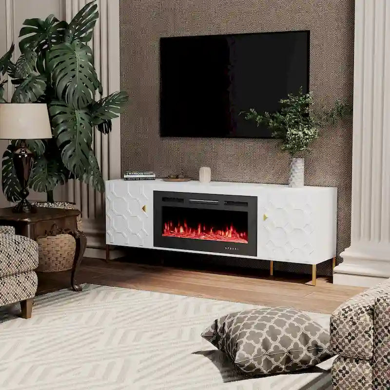 Meuble TV laqué avec cheminée électrique de 36 pouces