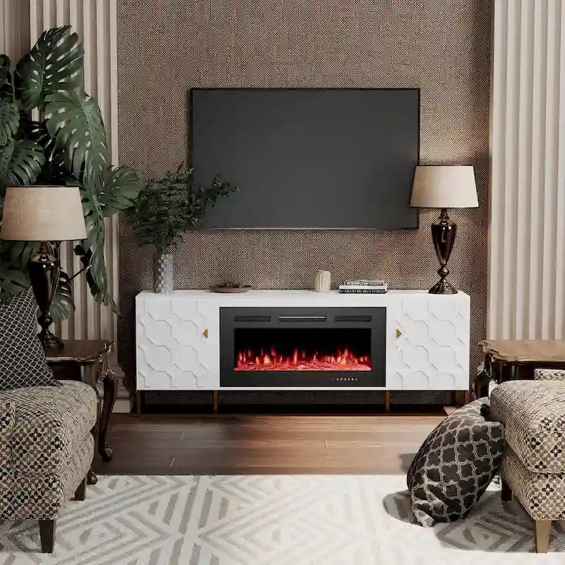 Meuble TV laqué avec cheminée électrique de 36 pouces