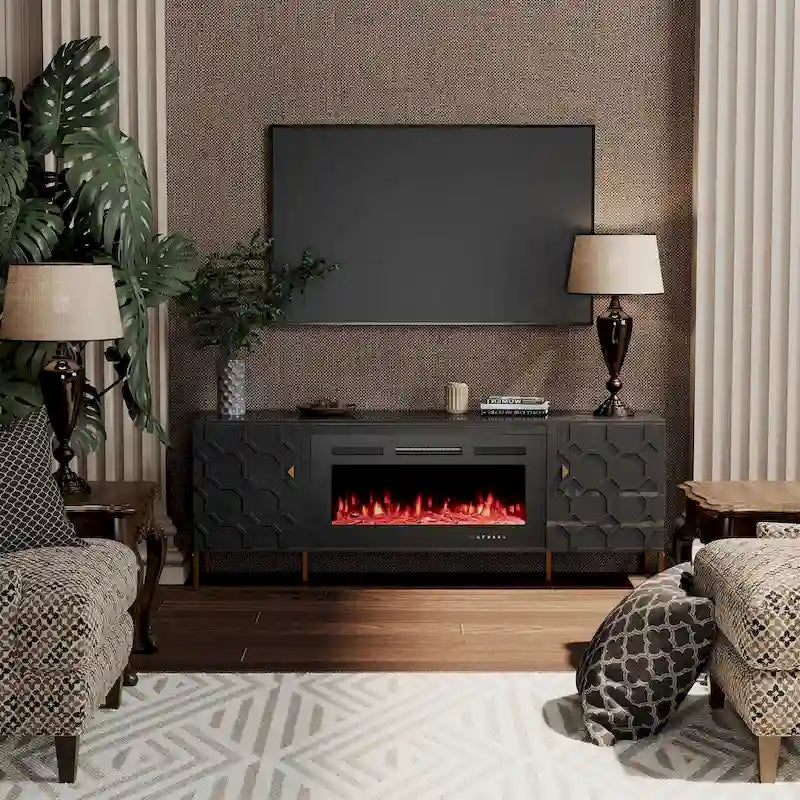 Meuble TV laqué avec cheminée électrique de 36 pouces