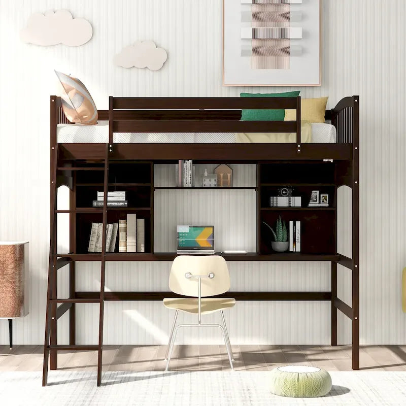 Lit mezzanine double avec étagères de rangement, bureau et échelle