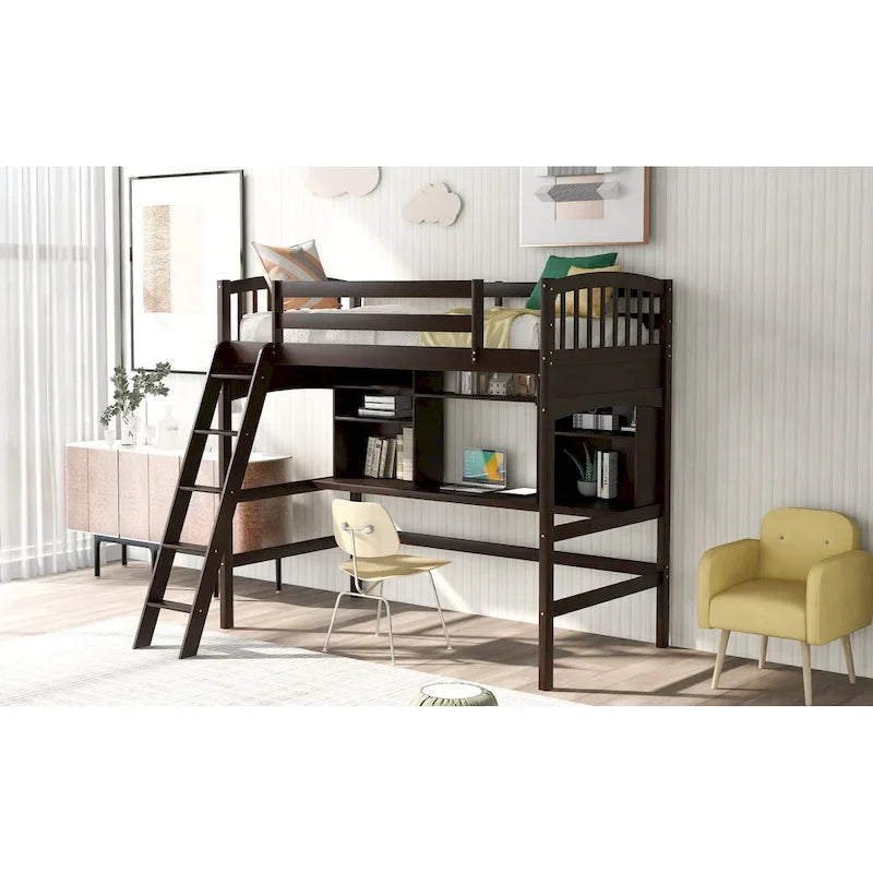 Lit mezzanine double avec étagères de rangement, bureau et échelle