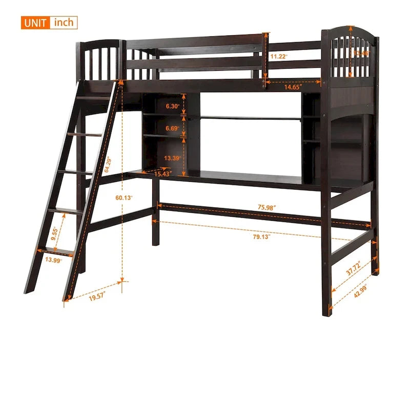 Lit mezzanine double avec étagères de rangement, bureau et échelle