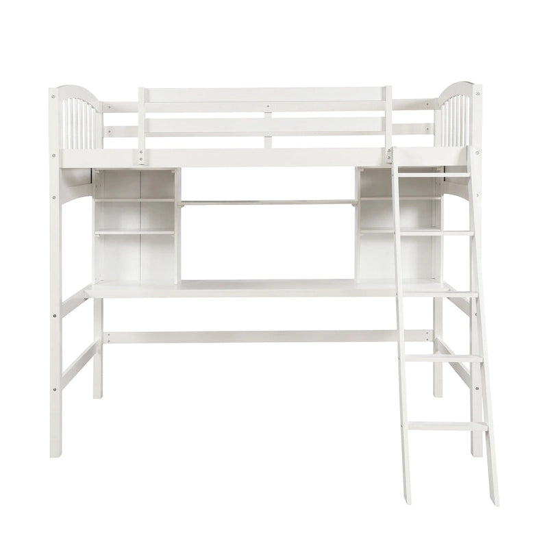 Lit mezzanine double avec étagères de rangement, bureau et échelle