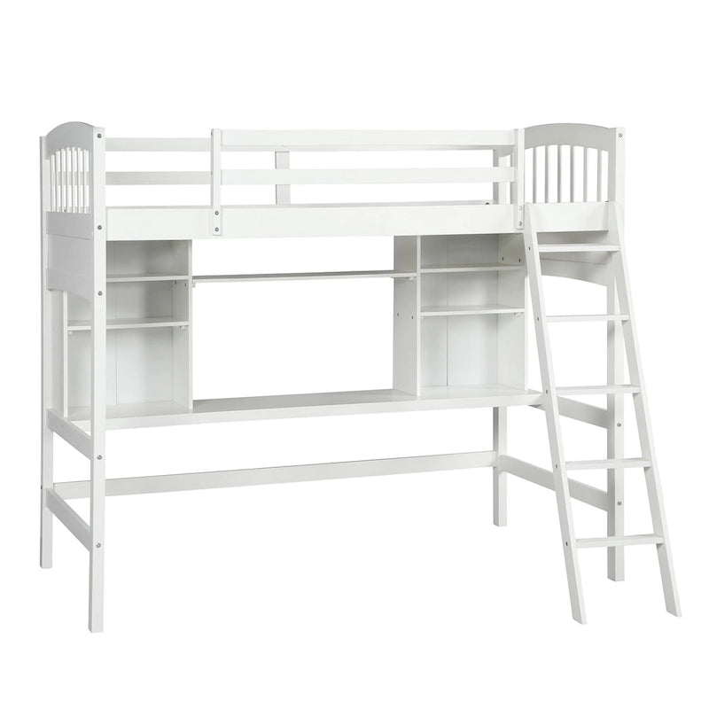 Lit mezzanine double avec étagères de rangement, bureau et échelle