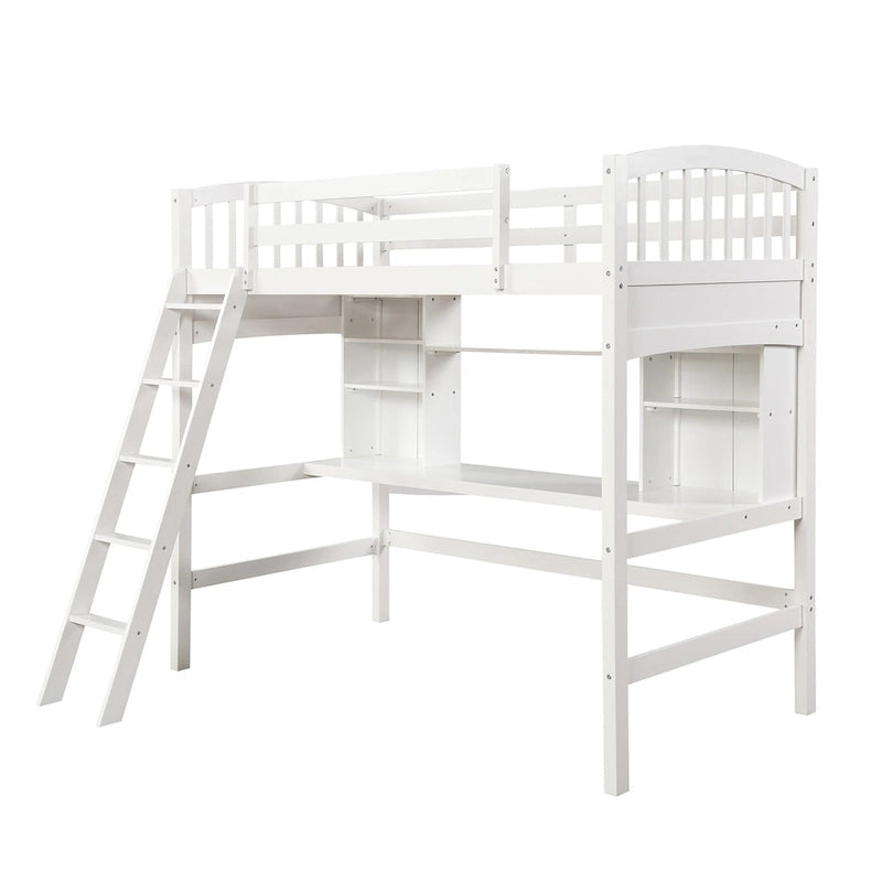 Lit mezzanine double avec étagères de rangement, bureau et échelle