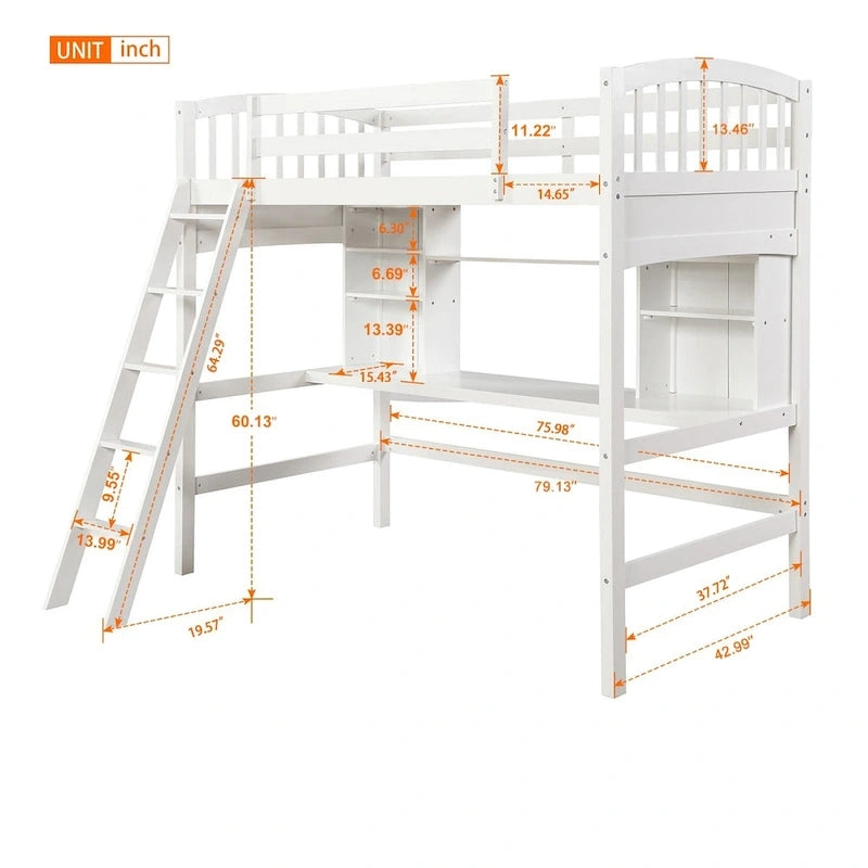 Lit mezzanine double avec étagères de rangement, bureau et échelle