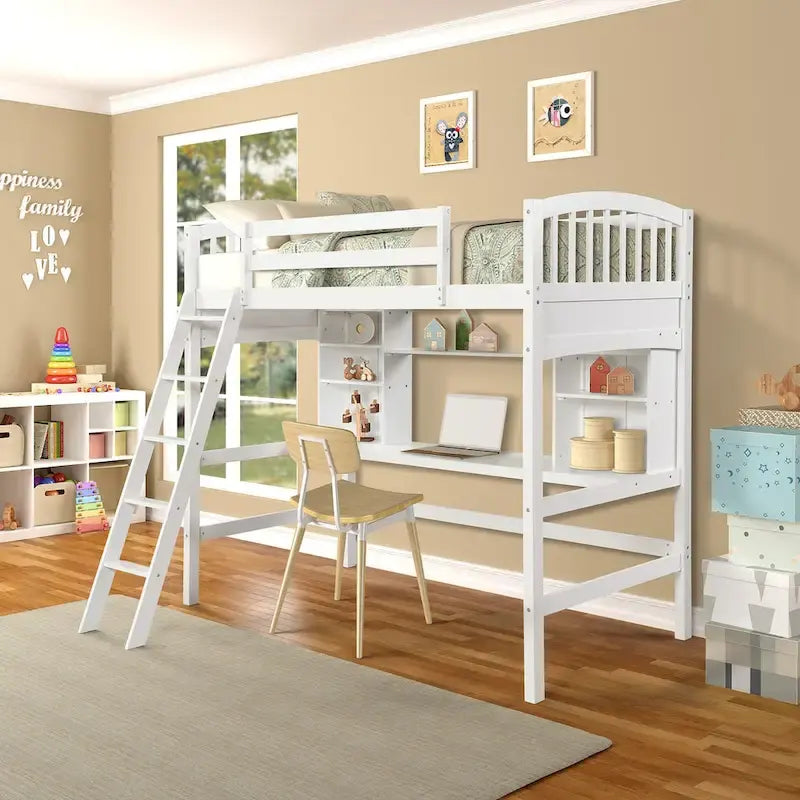 Lit mezzanine double avec étagères de rangement, bureau et échelle