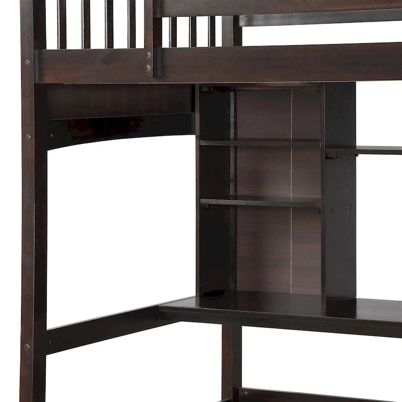 Lit mezzanine double avec étagères de rangement, bureau et échelle