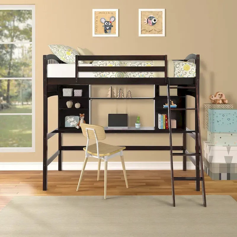 Lit mezzanine double avec étagères de rangement, bureau et échelle