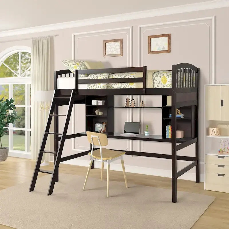 Lit mezzanine double avec étagères de rangement, bureau et échelle
