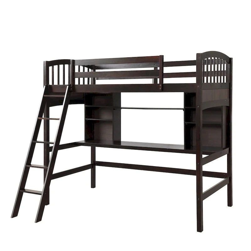 Lit mezzanine double avec étagères de rangement, bureau et échelle