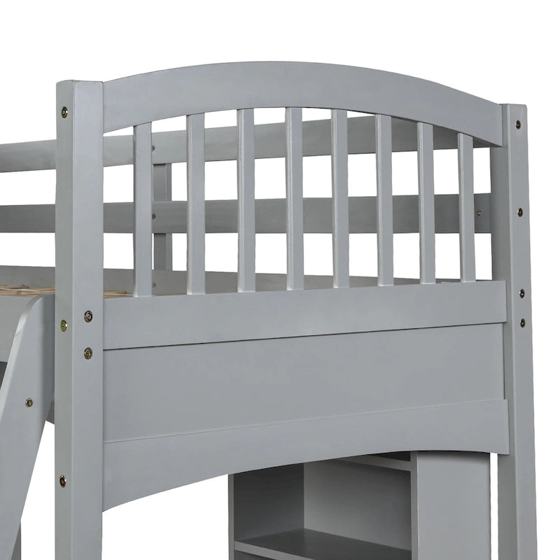 Lit mezzanine double avec étagères de rangement, bureau et échelle