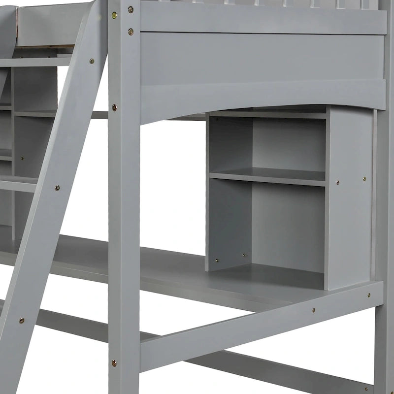 Lit mezzanine double avec étagères de rangement, bureau et échelle