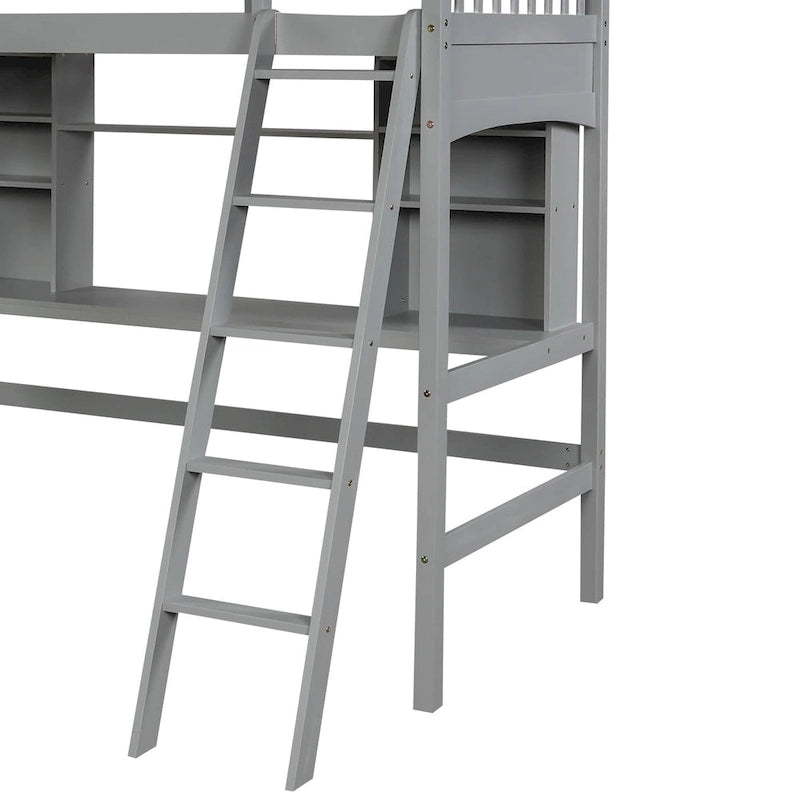 Lit mezzanine double avec étagères de rangement, bureau et échelle