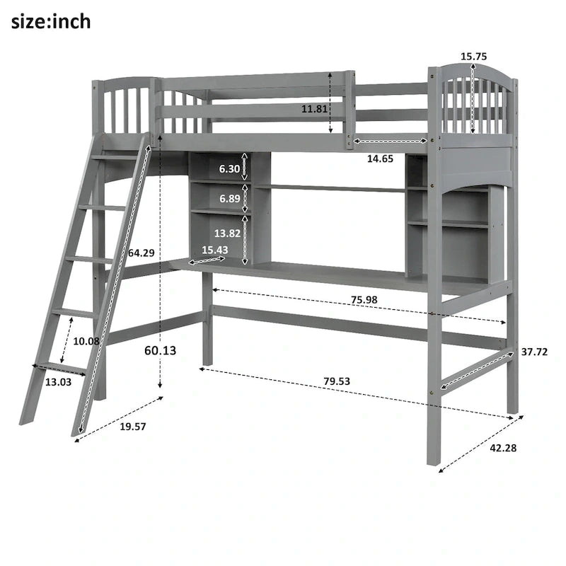 Lit mezzanine double avec étagères de rangement, bureau et échelle