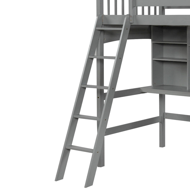 Lit mezzanine double avec étagères de rangement, bureau et échelle