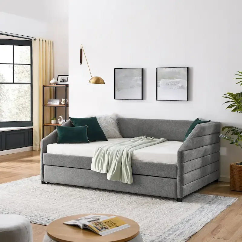 Lit de repos double avec lit gigogne, en tissu de lin capitonné