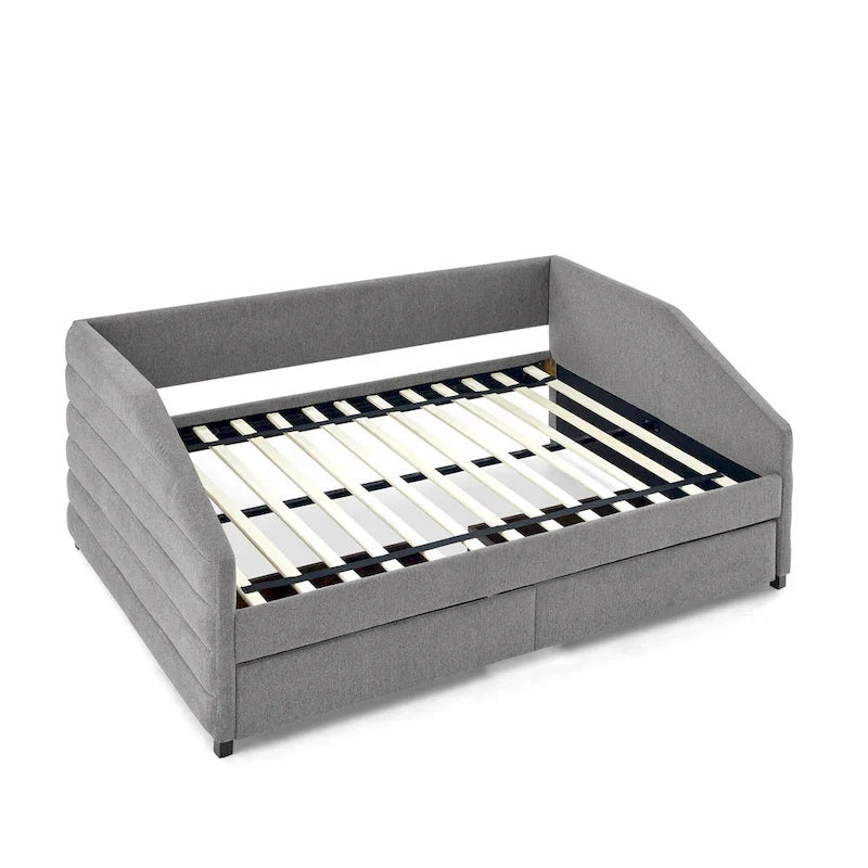 Lit de repos double avec lit gigogne, en tissu de lin capitonné