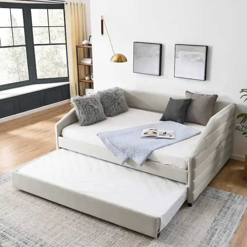 Lit de repos double avec lit gigogne, en tissu de lin capitonné