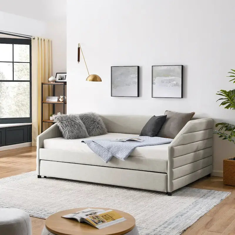 Lit de repos double avec lit gigogne, en tissu de lin capitonné