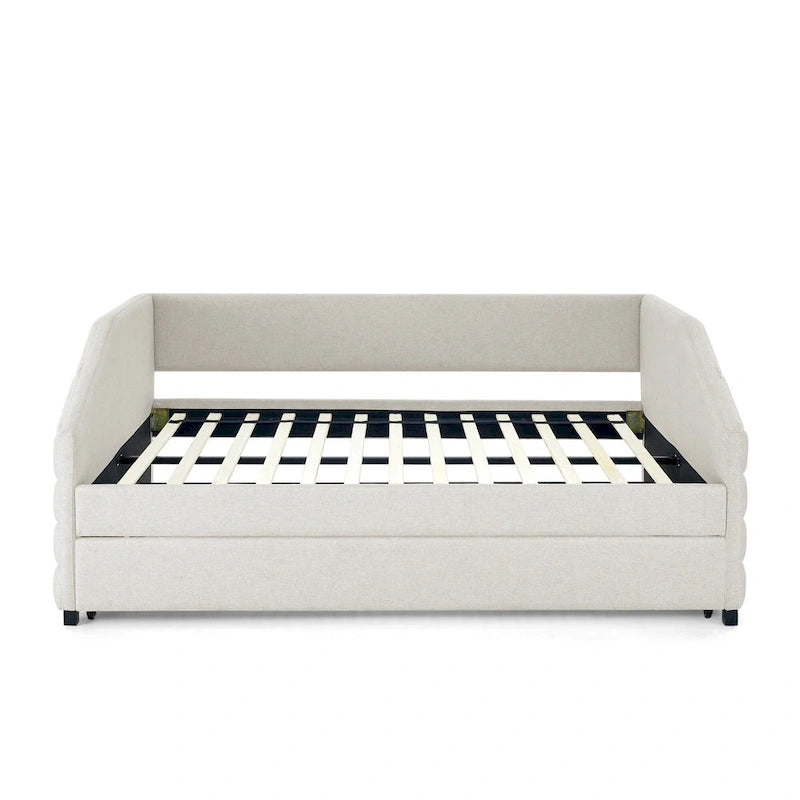 Lit de repos double avec lit gigogne, en tissu de lin capitonné