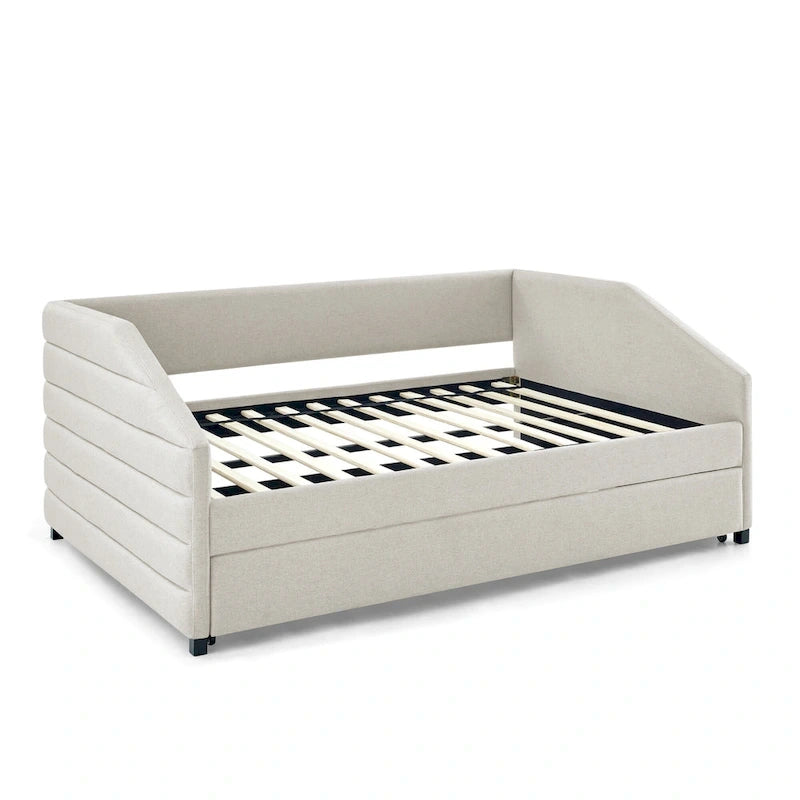 Lit de repos double avec lit gigogne, en tissu de lin capitonné