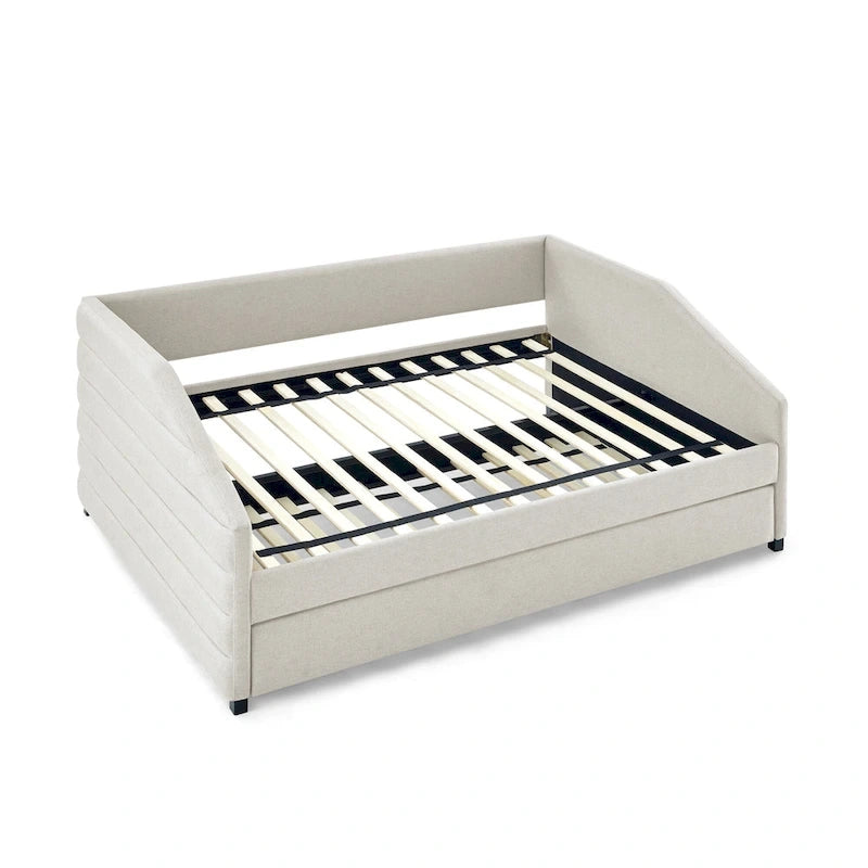 Lit de repos double avec lit gigogne, en tissu de lin capitonné