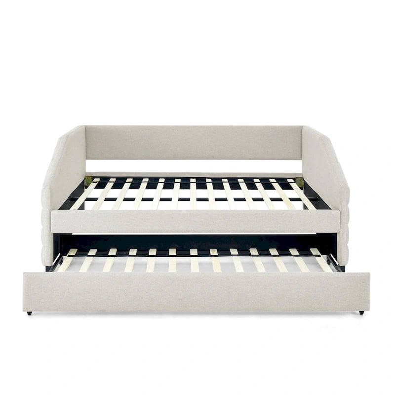 Lit de repos double avec lit gigogne, en tissu de lin capitonné