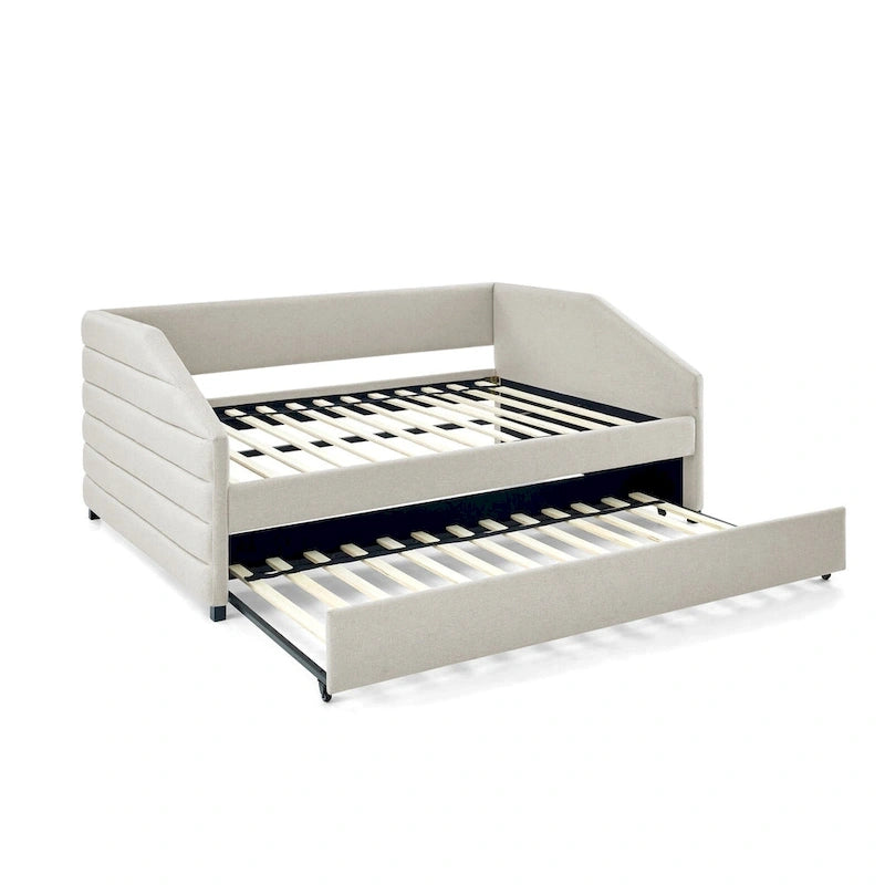 Lit de repos double avec lit gigogne, en tissu de lin capitonné