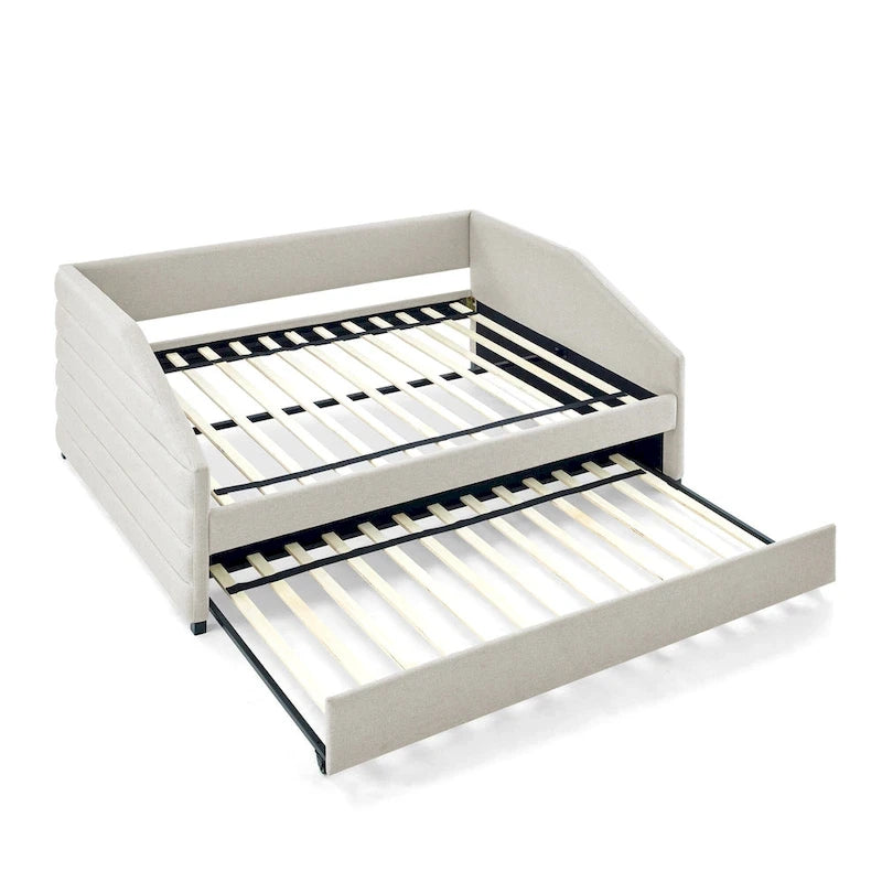 Lit de repos double avec lit gigogne, en tissu de lin capitonné