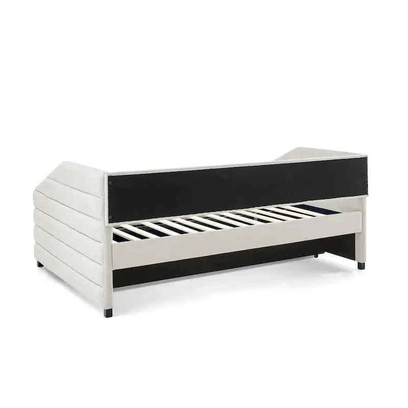 Lit de repos double avec lit gigogne, en tissu de lin capitonné