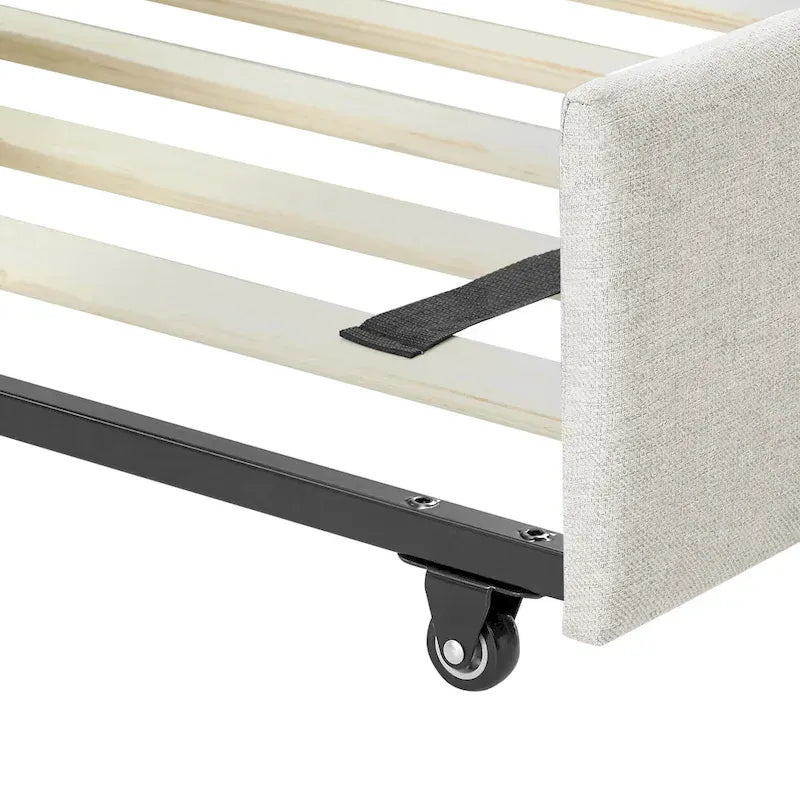 Lit de repos double avec lit gigogne, en tissu de lin capitonné