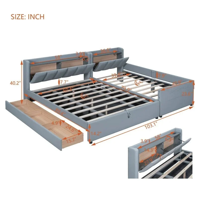 Lit plateforme rembourré avec cadre de lit mère et enfant et système de rangement hydraulique