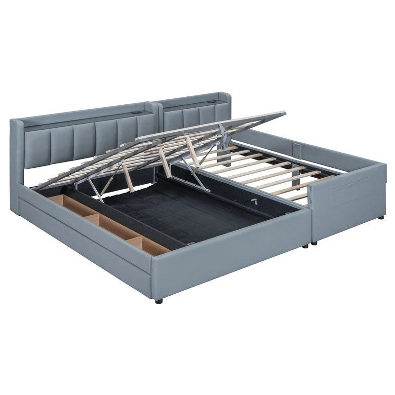 Lit plateforme rembourré avec cadre de lit mère et enfant et système de rangement hydraulique