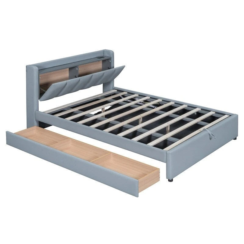 Lit plateforme rembourré avec cadre de lit mère et enfant et système de rangement hydraulique