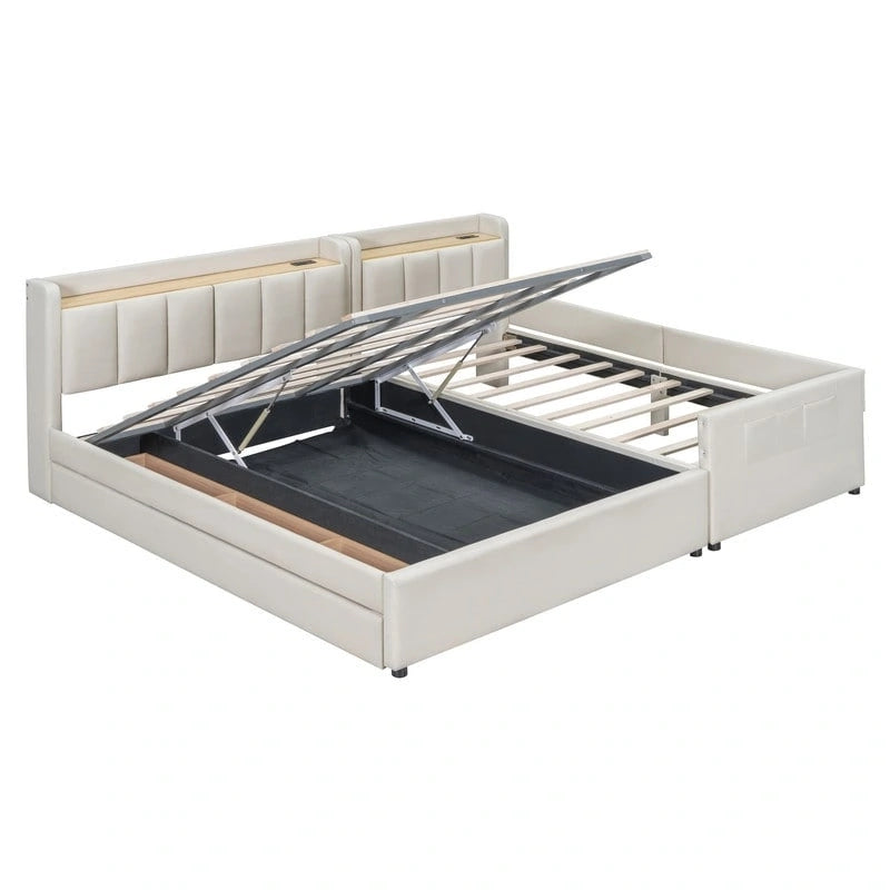 Lit plateforme rembourré avec cadre de lit mère et enfant et système de rangement hydraulique