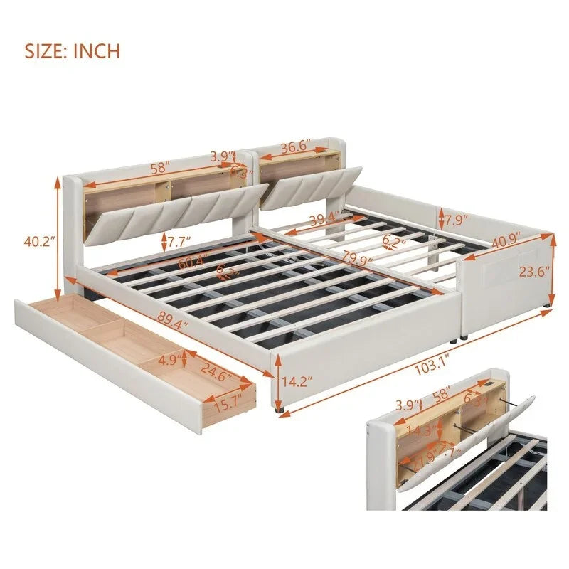 Lit plateforme rembourré avec cadre de lit mère et enfant et système de rangement hydraulique