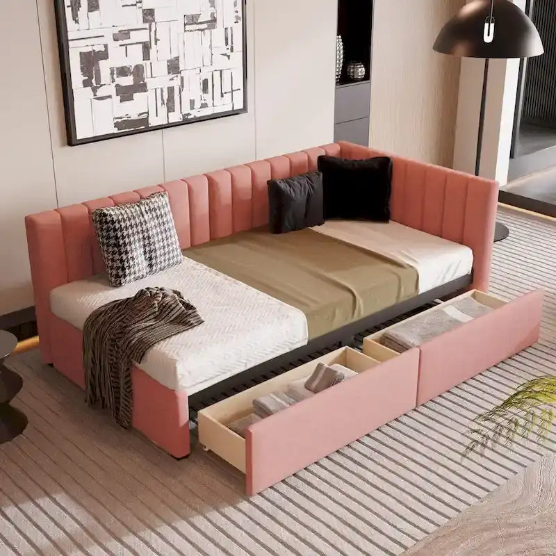 Upholstered Daybed with 2 Drawers and Twin Size Sofa Bed Frame