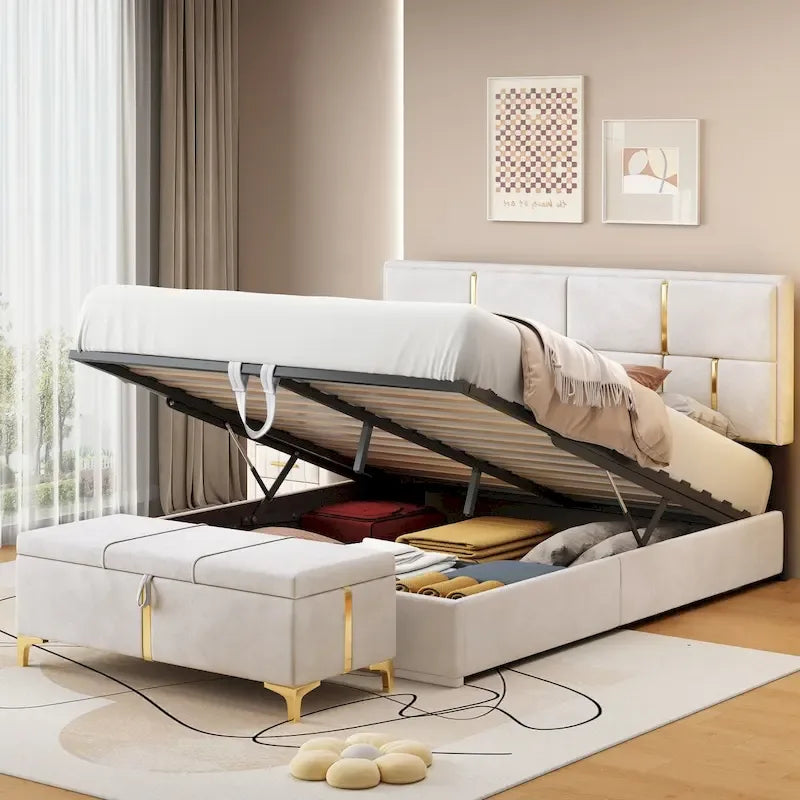 Lit plateforme tapissé avec pouf de rangement