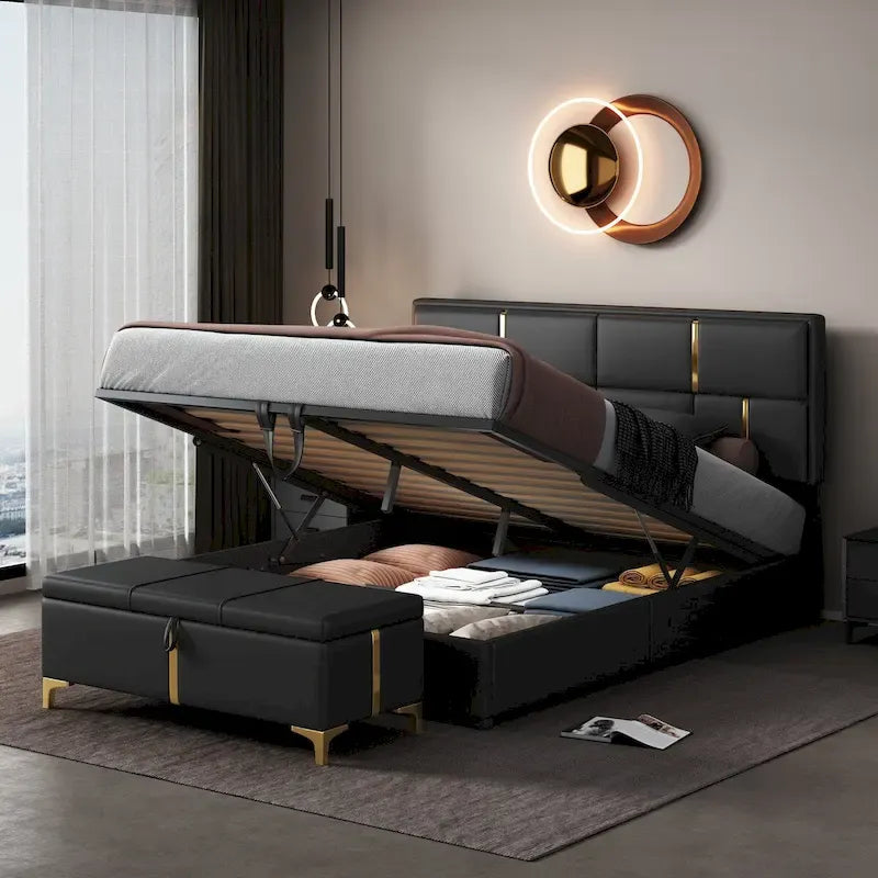 Lit plateforme tapissé avec pouf de rangement
