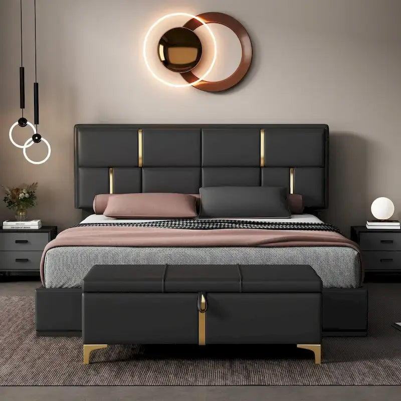 Lit plateforme tapissé avec pouf de rangement