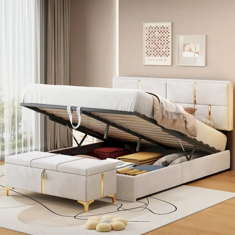 Lit plateforme tapissé avec pouf de rangement